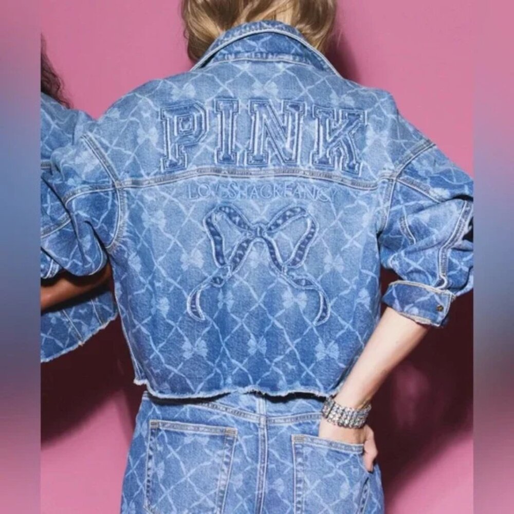 PINK X LoveShackFancy Cropped Denim Jacket NWT, Large - Picture 5 of 6